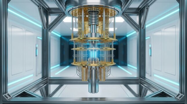 Advanced quantum computer machine in a futuristic laboratory setting.