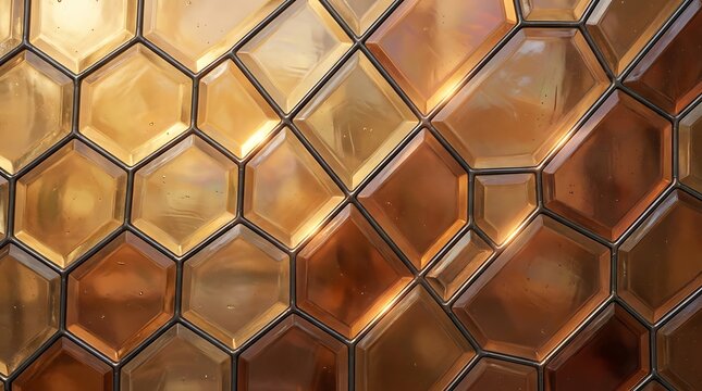 Abstract background, featuring a repeating, pattern of golden, amber hexagonal glass, tiles with dark, grout lines and, reflective glossy surfaces