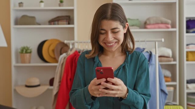 Woman smiling and scrolling a red smartphone with hands visible in a dressing room studio; joyful moment.