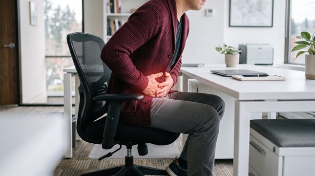 Man suffering from severe lower back pain while sitting in ergonomic office chair at workplace desk, holding waist with hands in discomfort due to bad posture or long working hours