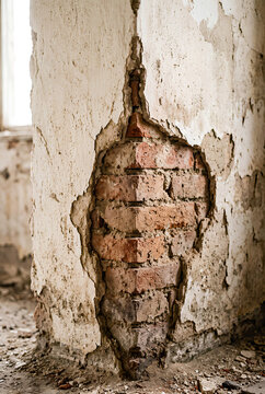 Crumbling plaster wall corner with exposed brick underneath