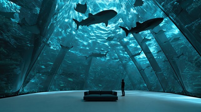 Expanding Horizon, underwater dome room with whale sharks and manta rays, luxurious minimalist interior design