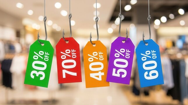 Colorful discount tags with percentage off hanging from fishing hooks.