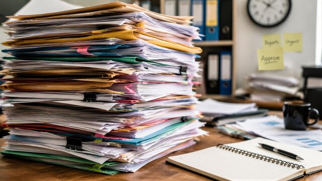 Stack of paperwork piled on cluttered office desk with notepad