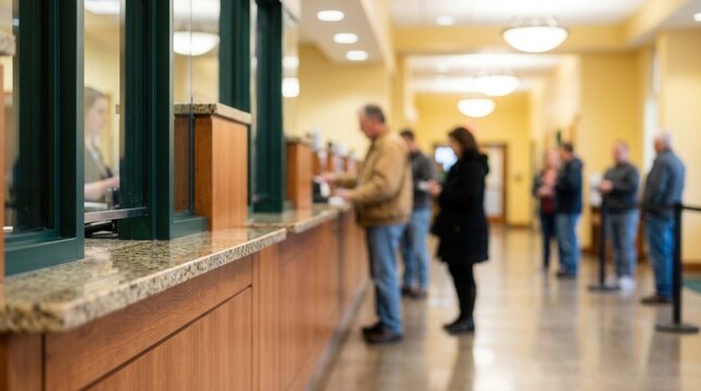 Customers waiting in line at a service counter inside a financial institution.