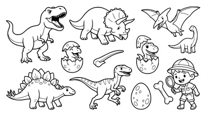 Dinosaur Pterodactyl T Rex Triceratops Stegosaurus Line Art Vector Set © MD