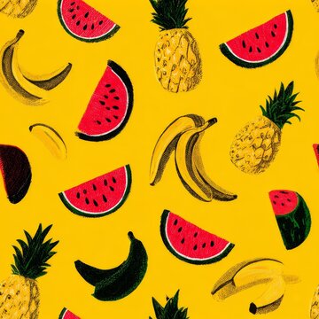 Playful seamless background with tropical fruits, bold cartoon-style wallpaper featuring bananas, pineapples, and watermelons in fun vibrant colors