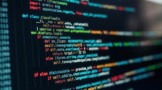 Digital background of programming source code and software development for high tech innovation.