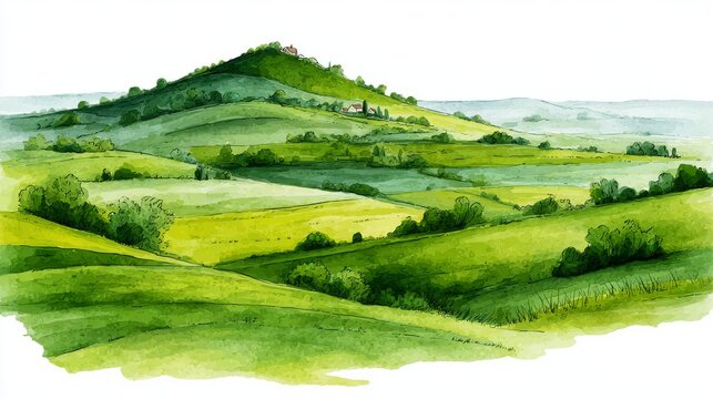 Hand-drawn watercolor vector of lush green meadows and grasslands, small hill landscape with rural farm feel, soft textured countryside illustration