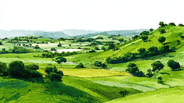 Artistic vector sketch of pastoral hills covered in green grass, wide landscape meadow with farm fields, watercolor-inspired illustration of rural scene