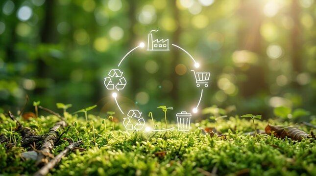 Digital green supply chain concept over a lush natural background representing circular economy.