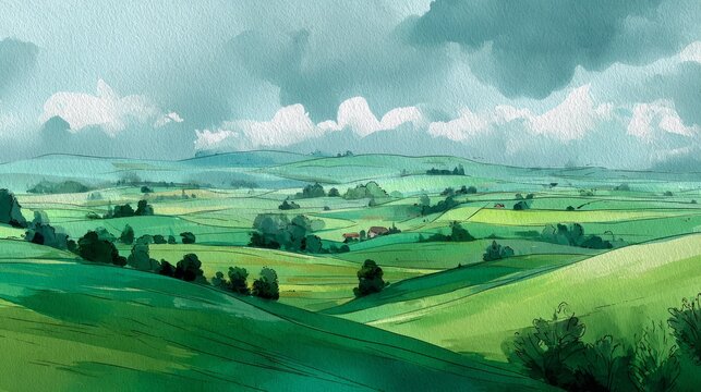 Countryside panorama in vector watercolor style, rolling pastures and fields of green grass, simple sketch with natural textures and farm atmosphere