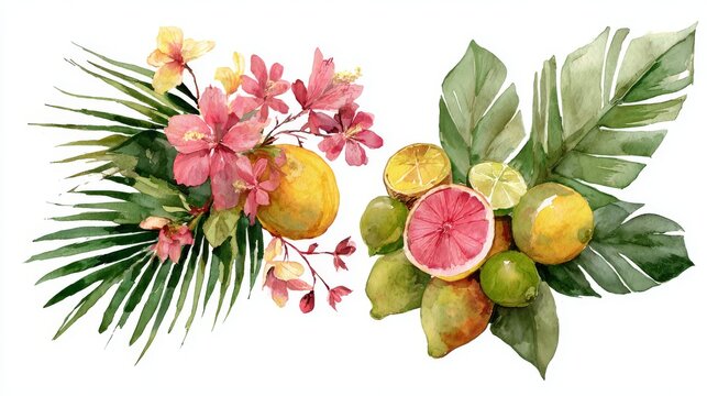 Watercolor bouquet illustration with tropical fruits and palm leaves, organic hand-painted design isolated on white background for bio food and kitchen decor