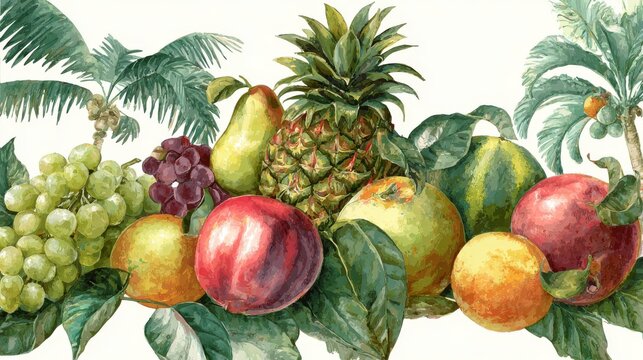 Organic hand-painted watercolor design of fruits with palm tree accents, elegant decorative illustration for kitchen art, healthy food menu, or bio market branding
