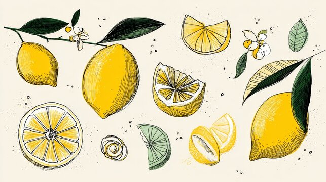 Hand-drawn lemon line icons collection showing whole citrus fruit with peel, sliced halves, circular segments, zest spirals, and a blooming branch with leaves, minimalist vector illustration