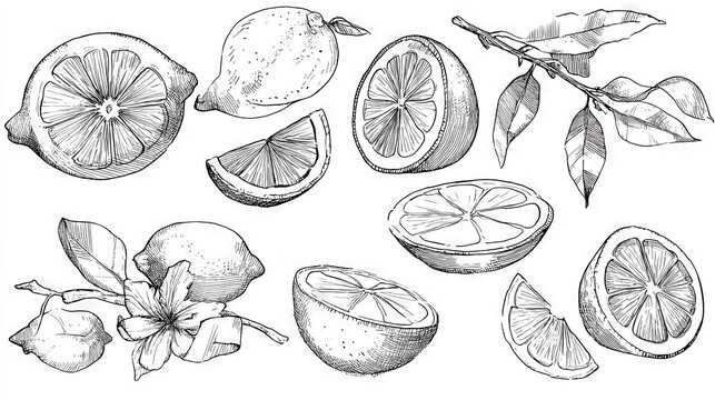 Outline vector set of lemon designs including whole fruit, wedges, round slices, twisted zest ribbons, and floral branch elements, sketched in a clean linear style