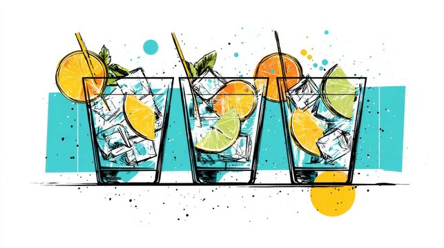 Minimalist illustration of cocktail glasses with ice cubes and citrus garnishes, clean linear vector design ideal for party themes and mixology graphics