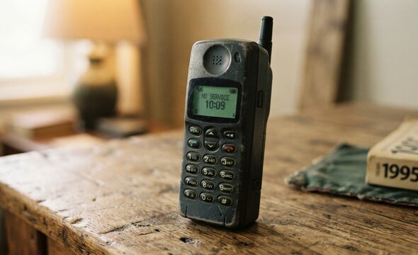 Vintage retro mobile phone from the 1990s standing on a rustic wooden table