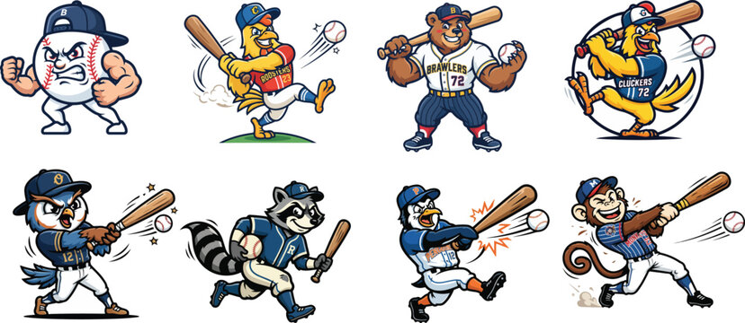 Cartoon animals playing baseball with bats and balls vector illustration