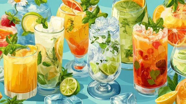 Summer cocktail illustration with multiple drink styles, clear vector graphics highlighting refreshing beverages, banner layout for party theme
