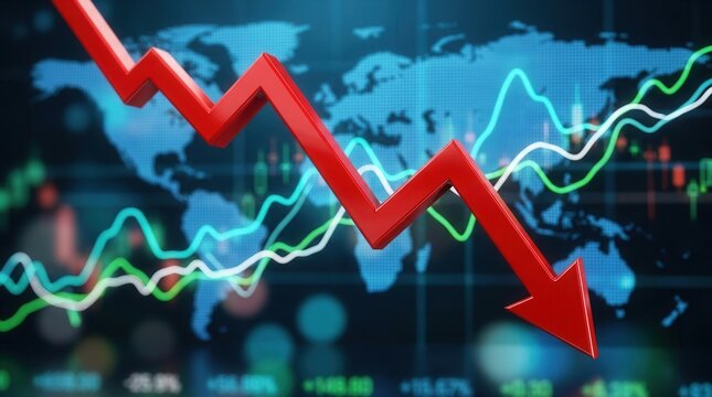 Global earth globe with a red bankruptcy chart representing economic recession and financial crisis.