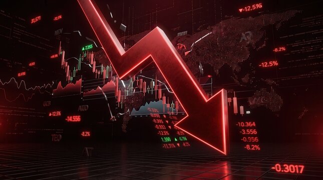Global market crisis with a red stock price drop arrow on a financial chart.