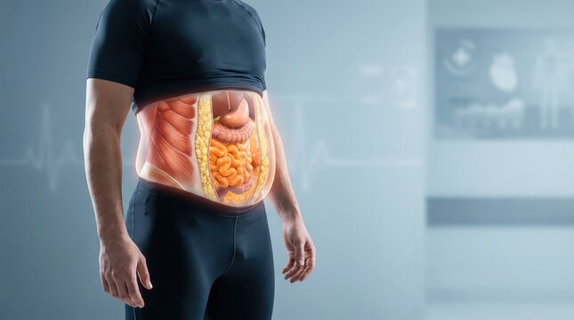 Visceral fat surrounds internal organs within male abdomen, highlighting obesity risk and digestive anatomy through transparent torso against clinical background