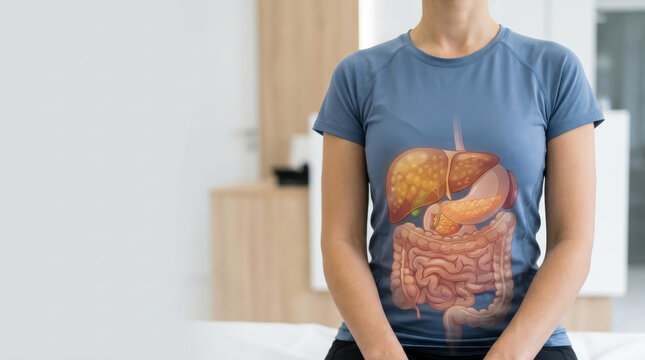 Woman wearing blue shirt with visceral fat anatomy illustration in modern home interior