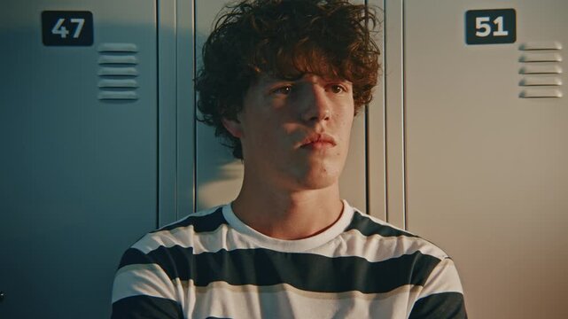 Close Up of Teenage Boy Near Metal Lockers Quietly Watches Other Students Walking Through School Hallway. Concept of Social Uncertainty, Isolation and Reflective Adolescent Emotions. Portrait.