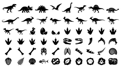 Dinosaur Fossils Prehistoric Animals Black Silhouette Vector Icon Set © MD
