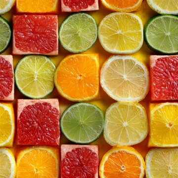 Fresh fruit composition of neatly arranged citrus slices including lemons, grapefruits, limes, and oranges forming a vibrant square grid pattern