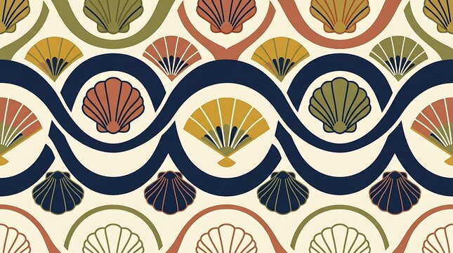 Decorative seamless pattern featuring stylized seashells and fan shapes connected by dark blue wavy lines on a light cream background