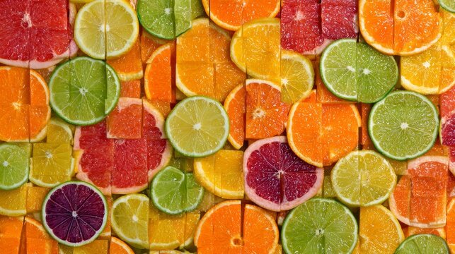 Abstract square arrangement of juicy citrus slices with oranges, lemons, limes, and grapefruits, creating a colorful summer-inspired fruit mosaic