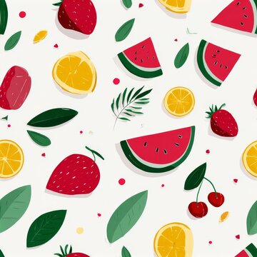 Playful vector pattern featuring minimal flat fruit illustrations including strawberries, watermelon wedges, citrus slices, and cherries arranged with green leaves