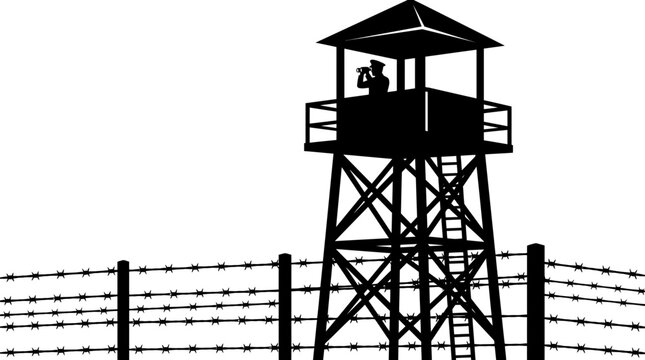 Black silhouette of a prison watchtower and barbed wire fence.