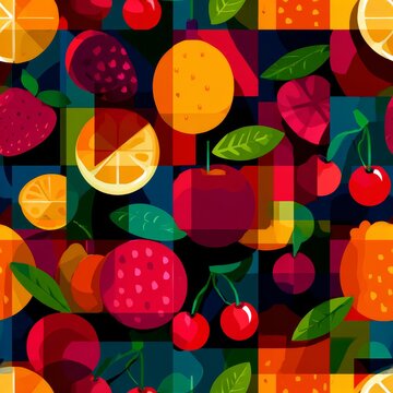 Colorful seamless pattern of organic fruits and berries in geometric flat design, including strawberries, oranges, cherries, and decorative leaf motifs
