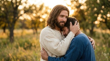 Fototapeta premium Jesus giving a warm hug and spiritual comfort to a man in a field.