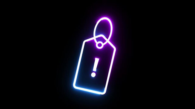 Neon price tag icon with exclamation mark glowing on black background for shopping sales.