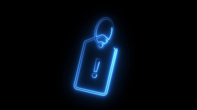 Neon blue warning tag icon flickering in darkness for digital commerce or retail marketing.