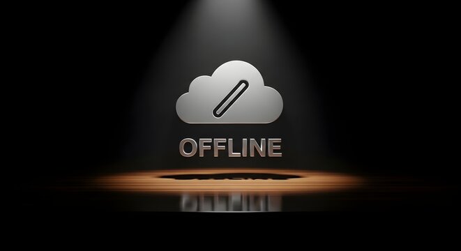 Offline cloud storage concept showing a disabled network connection with spot lighting in a dark space