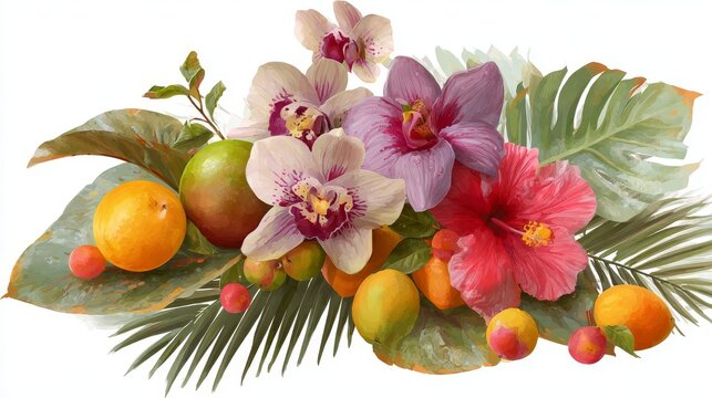 Tropical summer bouquet vector featuring palm leaves, exotic orchids, hibiscus flowers, and fresh tropical fruits arranged in a vibrant and decorative composition