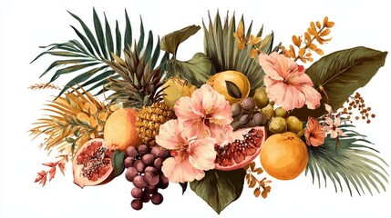 Fototapeta premium Elegant tropical floral and fruit bouquet with layered palm leaves, exotic plants, and summer fruits arranged in a stylish hand-drawn vector composition