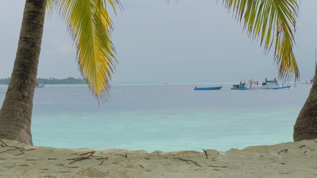 A motorboat carrying several people and bagged cargo crosses calm turquoise lagoon water beyond a sandy beach, framed by coconut palms in a static wide view of the Maldives.