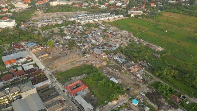 Trash Slum Village Near Seminyak Legian In Bali Indonesia Drone High Angle Shot 4K 60FPS