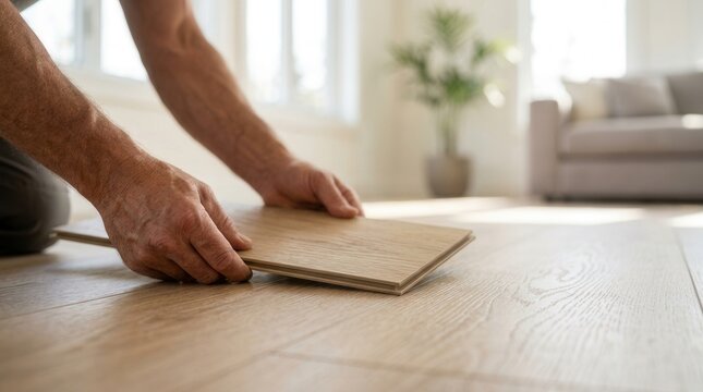 Man's hands installing durable luxury vinyl plank flooring for home improvement.