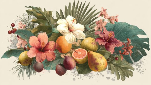 Elegant tropical floral and fruit bouquet with layered palm leaves, exotic plants, and summer fruits arranged in a stylish hand-drawn vector composition