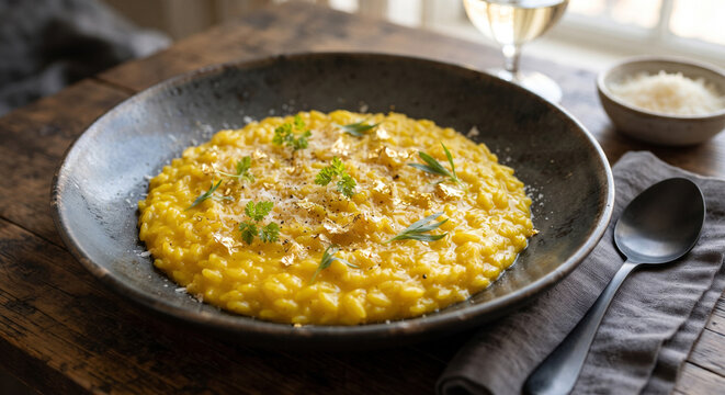 &nbsp;A modern culinary presentation of saffron risotto artfully spread in a wide, shallow dark stoneware bowl, finished with a delicate scattering of edible gold leaf flakes and micro-herbs.