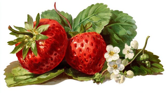 Hand-painted watercolor strawberry clipart with realistic details, featuring ripe red strawberries, delicate green leaves, and small white flowers isolated on white