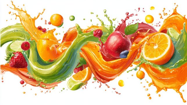 Bright vector set of juice splashes, colorful waves of orange, apple, berry, and vegetable drinks bursting outward, cartoon spiral swirls and liquid droplets creating playful fresh motion