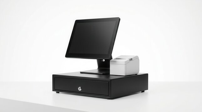 Modern cashier machine with POS terminal and cash drawer.